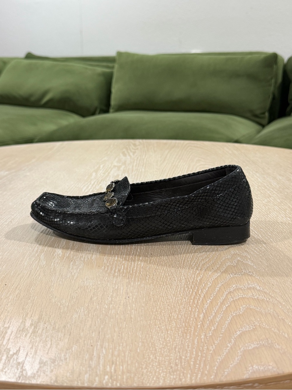 Stuart Weitzman Black Snakeskin Loafers with Gold Accent
